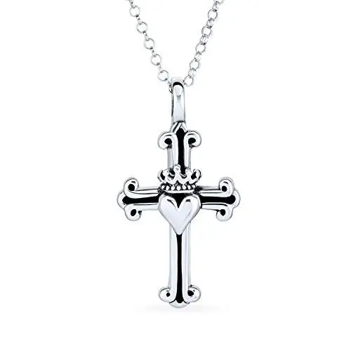 Produktbild: Bling Jewelry Ancient Saint James Religiös Fleurette Antiqued Kings Crown Heart Fleur De Lis Cross Anhänger Halskette Massiv Oxidiert .925 Sterling Silber