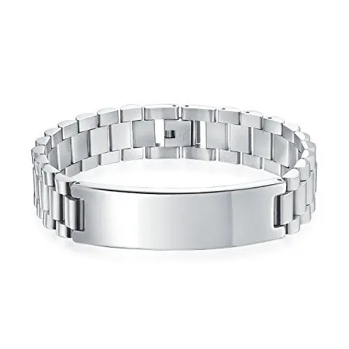 Produktbild: Bling Jewelry Anpassbares Identifikationsetikett Name Plattiert Curb Watchband ID Armband Armband für Männer Personalisierter Name Graviert Silberton Edelstahl 8 Zoll