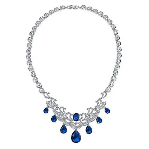 Produktbild: Bling Jewelry Antiker Schmuck Im Art Deco Stil Mit Baguette AAA CZ Simulierten Saphirblau Großen Hängenden Tränen Bib Statement Braut Halskette Für Frauen Hochzeit