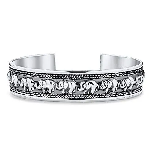 Produktbild: Bling Jewelry Bali Stil Viel Glück Multi Elephant Armreif Manschette Armband Für Frauen Massiv Schwer Oxidiert .925 Sterling Silber