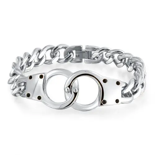 Produktbild: Bling Jewelry Biker Schmuck Armband Mit Verriegelten Handschellen Für Männer Mit Vorhängeschloss Gliederkette Silberton Edelstahl 8 Zoll