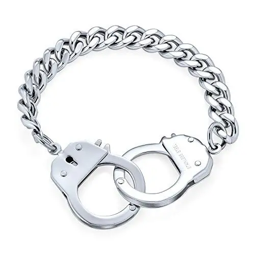Produktbild: Bling Jewelry Biker Schmuck Paar Handschellen Statement Armband Für Männer Kubanische Curb Kette Silberton Edelstahl 8 Zoll