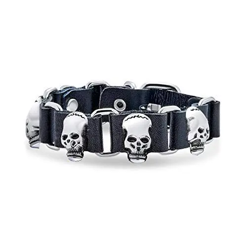 Produktbild: Bling Jewelry Bikerschmuck Hip Hop Goth Punk Rock Skull Heads Echtes Schwarzes Leder Nieten Nieten Edelstahl Multi Skull Heads Manschettenarmband Für Männer Teens Verstellbare Gürtelschnalle