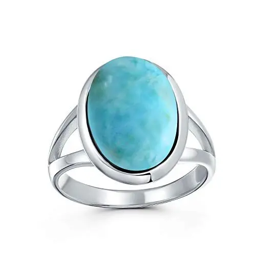 Produktbild: Bling Jewelry Einfacher Großer Ovaler Lünetten-Boho-Mode-Statement-Ring Aus Blauem Larimar Für Frauen Für Jugendlich Geteiltes Band .925 Sterlingsilber