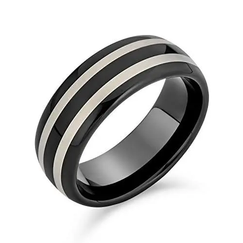 Produktbild: Bling Jewelry Einfacher Kuppel Schwarz Silber Zweifarbiger Mittelstreifen Paare Titan Ehering für Männer und Frauen Komfort Passform 8MM