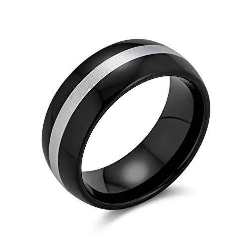 Produktbild: Bling Jewelry Einfacher Schwarz-Grau-Einsatzstreifen-Paarring aus Titan für Männer und Frauen, Komfort-Passform, 8MM