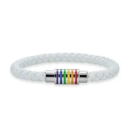 Produktbild: Bling Jewelry Gestreifte Regenbogenflagge Weißes Geflochtenes Pu-Leder LGBTQ-Armband Geflochtener Armreif Armband Für Männer Für Frauen Rostfreier Magnetverschluss 7 Zoll
