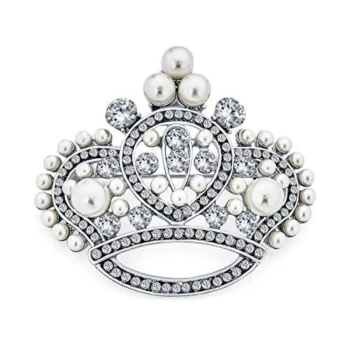 Produktbild: Große Statement Mode Kristall Weiß Simulierte Perle Hochzeit Königin Prinzessin Krone Brosche Pin Für Frauen Silber Ton Rhodium Vergoldet