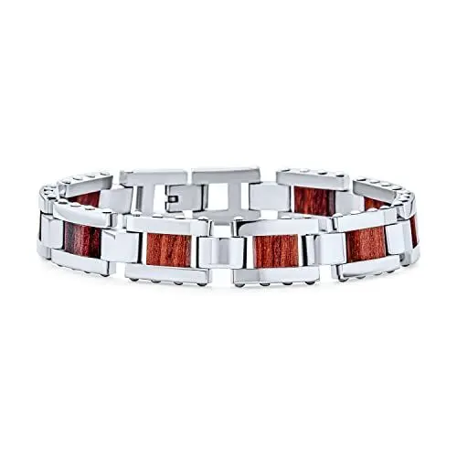 Produktbild: Bling Jewelry Herrenarmband Aus Echtem Braunem Holz Und Edelstahl In Silberfarbenem Ton Mit Starkem Rechteckigem Gliederdesign 20 cm Länge