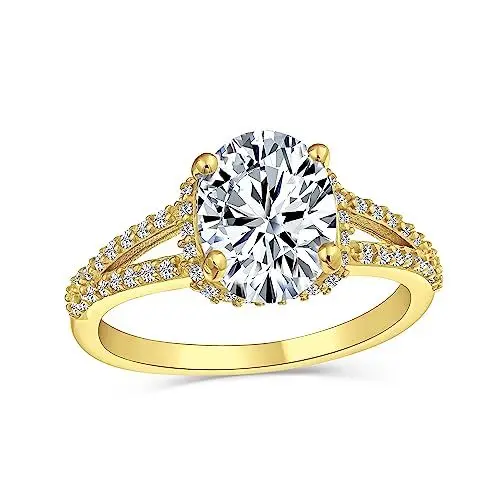 Produktbild: Bling Jewelry Klassischer Traditioneller 3Ct Aaa Cz Brillantschliff Solitär Oval Verlobungsring Für Frauen Mit Geteiltem Schaft Dünne Band Gelb 14K Gold Vergoldet .925 Sterlingsilber