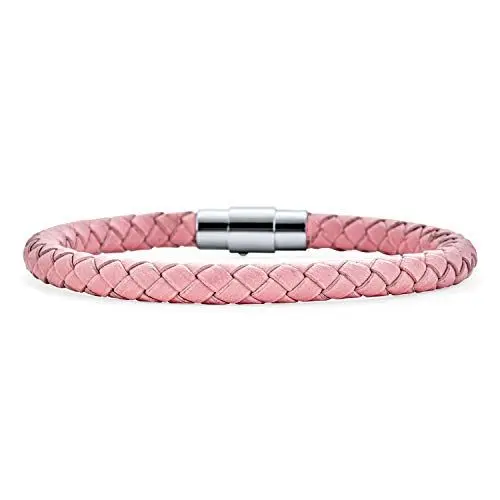 Produktbild: Bling Jewelry Mode Gewebtes Geflecht Geflochtene Boho Rosa Kunstleder-Armreif Für Männer Für Frauen Silberton Rostfreie Schließe