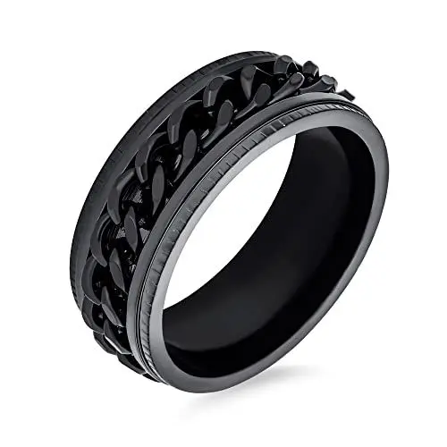 Produktbild: Bling Jewelry Personalisieren Gravieren Schwarz Seil Kettenkabel Herren Biker Schwarz Angst Spinner Fidget Ring Für Männer Edelstahl 8MM Breit Anpassbar