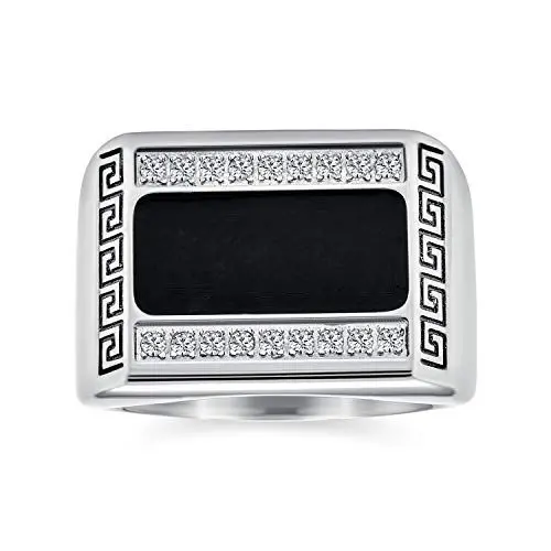 Produktbild: Bling Jewelry Personalisieren Geometrisches Pflaster CZ Akzent Kubisch Zirkonia Herren Rechteck Signet Statement Griechischer Schlüssel Design Band Ring Für Männer Schwarz Emaille Edelstahl