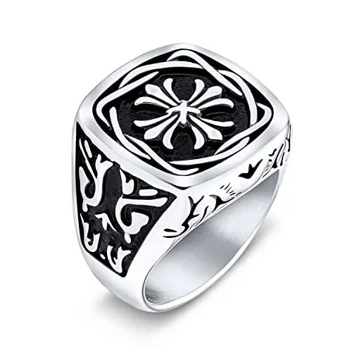 Produktbild: Bling Jewelry Personalisieren Sie Große Aussage Mittelalterlichen Religiösen Antiken Wikinger Maltase Fleur De Lis Kreuz Quadratische Siegelbandring Für Männer Oxidierte Silberton Edelstahl