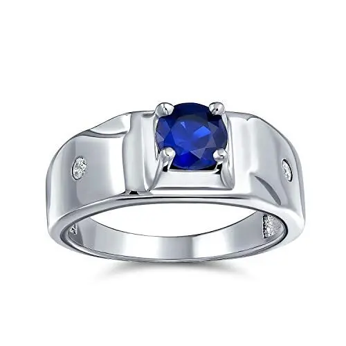 Produktbild: Bling Jewelry Personalisieren Sie Unisex 1Ctw Runden Solitär Simulierten Blauen Saphir AAA CZ Herren Verlobungsring Pinky Ring .925 Sterlingsilber Für Männer Anpassbar