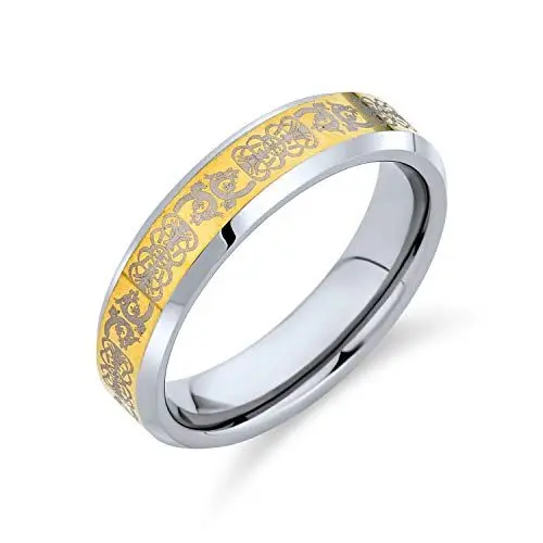Produktbild: Bling Jewelry Personalisieren Unisex Paare Zweifarbiger Keltischer Knoten Drache Silber Gold Töne Titan Eheringe Für Männer Frauen Komfort Passform 5MM Breite Abgeschrägte Kante Anpassbar