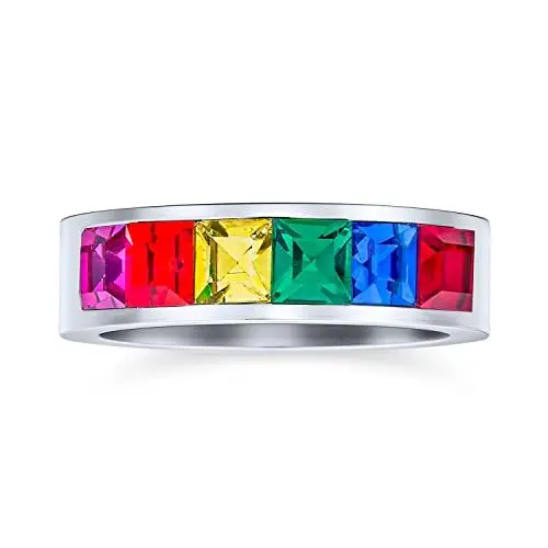 Produktbild: Bling Jewelry Personalisiert Gravierte Unisex Farbenfroher Pride Monatspaar CZ Regenbogenring LGBTQ Hochzeitsbandring Männer Frauen Silberton Edelstahl 8MM