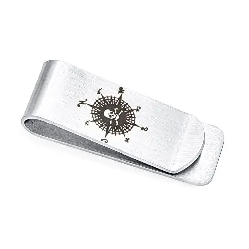 Produktbild: Bling Jewelry Personalisierter Breiter Herren Bikerschmuck Gothic Caribbean Pirate Crossbones Explorer Viking Compass Skull Men Money Clip Card Holder for Men Teens Father Edelstahl Brauchizable