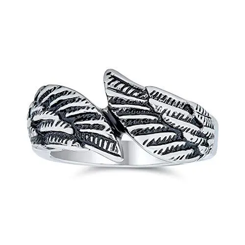 Produktbild: Bling Jewelry Personalisierter Unisex Biker Schmuck Religiöser Spiritueller Schutzfeder Engelsflügel Bandring Für Männer Frauen Oxidierte Silberfarbe Aus Edelstahl Anpassbar