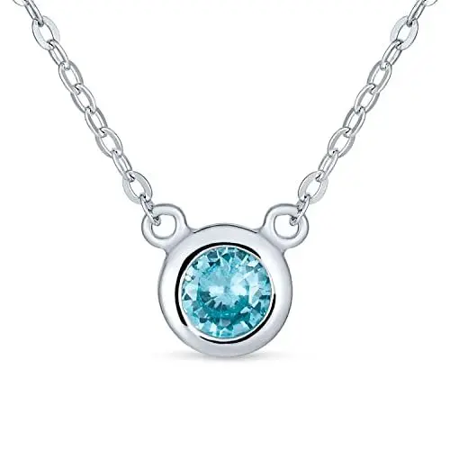 Produktbild: Bling Jewelry Kleine zarte 5MM Lünette Set Aqua Blau AAA CZ Solitär Anhänger Station Halskette für Frauen Simulierter Aquamarin Zirkonia .925 Sterlingsilber