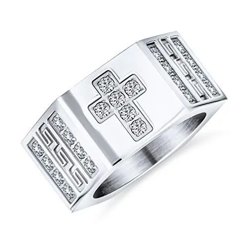 Produktbild: Bling Jewelry Religiöser Breiter 6 Seiten Herren Christlicher Griechischer Schlüssel Zirkonia CZ Akzent Kreuz Statement Ring Band Für Männer Silberfarbener Edelstahl