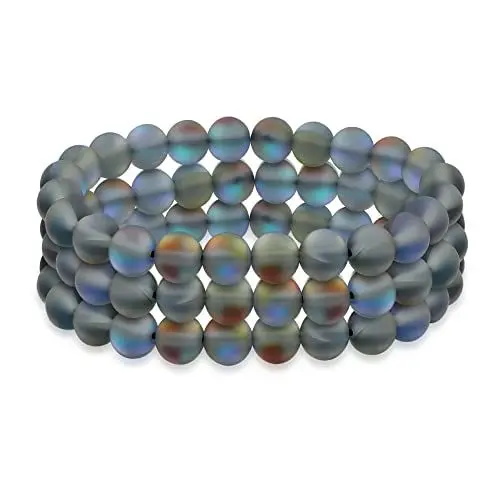 Produktbild: Bling Jewelry Satz Von 3 Regenbogen Schillernde Erstellt Blauen Mondstein Runde Perle 8Mm Stacking Strand Stretch Armband Für Frauen Männer Teen Unisex