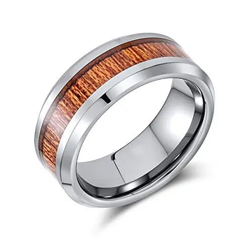 Produktbild: Bling Jewelry Titanring mit Koa-Holz-Intarsie für Herren und Damen, Silberton, Komfort-Passform, 8MM