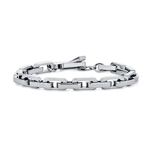 Produktbild: Bling Jewelry Unisex Mode Statement Armband Solide Flache Kante Oval Ineinandergreifende Büroklammer Gliederkette Silber Ton Edelstahl Frauen Teenager Männer 8 Zoll