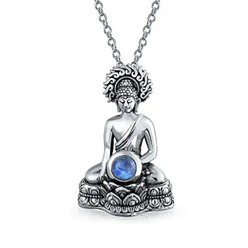 Produktbild: Bling Jewelry Yogi Regenbogen-Mondstein-Amulett Amitabha Buddha Anhänger Halskette für Frauen für Teenager oxidiertes .925 Sterlingsilber mit Kette