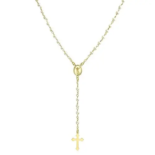 Produktbild: Bling Jewelry Zierliche Zarte Weiße Simulierte Perlen Schutzengel-Medaillon-Rosenkranz-Kreuzkette Für Frauen Teenager 18 Karat Vergoldet