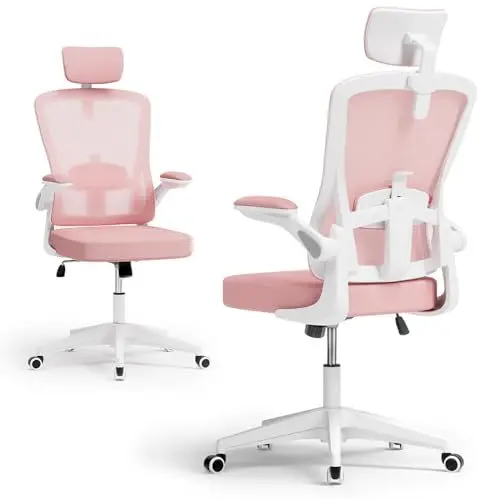 Produktbild: BLINNGO Bürostuhl, ergonomischer Bürostuhl mit Verstellbarer Lendenwirbelstütze und Kopfstütze, Schreibtischstuhl mit hoher Rückenlehne, atmungsaktiver Netzstuhl für Arbeit und Studium (Rosa)