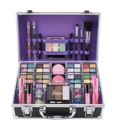 Produktbild: Bliss Schminktasche mit veganen Schminkprodukten - Kompletter Schminkkoffer mit Lidschatten, Rouge, Lippenstift, Augenbrauenwachs und -puder, Pinseln - Aluminium-gerahmter Schminkkoffer Organizer