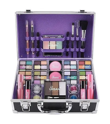 Produktbild: Bliss Schminktasche mit veganen Schminkprodukten - Kompletter Schminkkoffer mit Lidschatten, Rouge, Lippenstift, Augenbrauenwachs und -puder, Pinseln - Aluminium-gerahmter Schminkkoffer Organizer