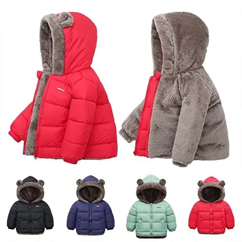 Produktbild: Outlet Angebote Winterjacke Mädchen Daunenjacken Kinder Mantel Fleecejacke Wintermantel Jacken Steppjacke Kapuzenjacke Thermo Daunenmantel Jungen Outdoorjacke Einfarbig Sweatjacke Rot, 2-3 Jahre