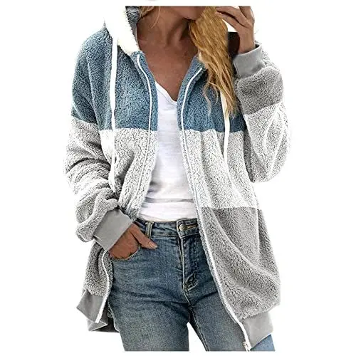Produktbild: Blitzangebote Heute Damen Bekleidung,Damen Jacke Fleece Winterpullover Damen Warm Damen Fleecejacke Mit Kapuze,Farbblock-Design,Reißverschluss Warm Und Gemütlich Für Und Winter （Weiß，Xl）