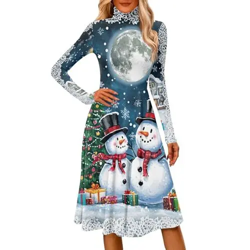 Produktbild: Blitzangebote Heute Damen Bekleidung,Kleid Weihnachten Damen Grün Grünes Kleid Weihnachten Damen Langarm Weihnachtskleid Mit Elegantes Festliches A-Linien Kleid Mit Rollkragen Knielang （Blau