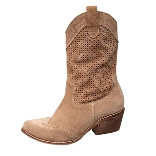 Produktbild: FNKDOR Cowboystiefel Damen Westernstiefel Halbschaft Atmungsaktiv Löcher Cowboy Boots Damen Cowgirl Stiefel mit Seitenreißverschluss (Brown, 39)