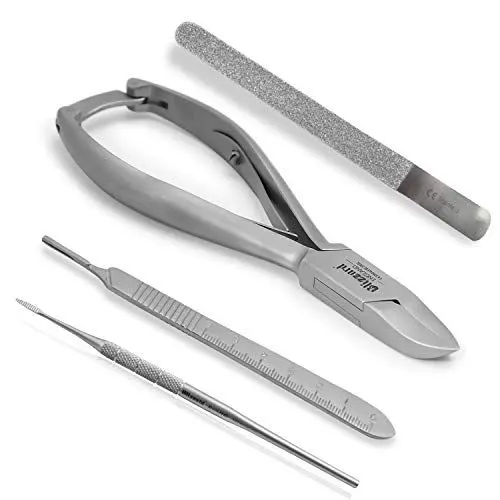 Produktbild: Blizzard – Podologie Instrumente Set 4 Stk. – Nagelzange, Eckenfeile, Saphir-Nagelfeile und Skalpellhalter für harte und eingewachsene Nägel – Deutsche Herstellung, medizinischer Gebrauch + Fußpflege