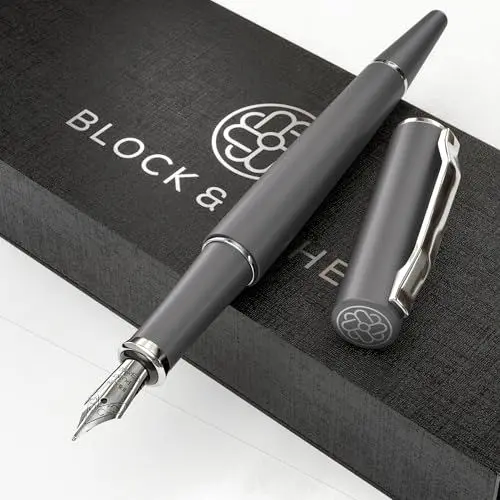 Produktbild: Block & Böhe - Hochwertiger Füllfederhalter mit Deutscher Schmidtfeder - Moderner Füller im edlen Design - Schönes Schreib-Geschenkset für Erwachsene - Tintenfüller - Achatgrau und Silber