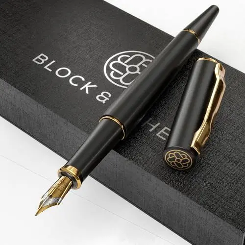 Produktbild: Block & Böhe - Hochwertiger Füllfederhalter mit Deutscher Schmidtfeder - Moderner Füller im edlen Design - Schönes Schreib-Geschenkset für Erwachsene - Tintenfüller - Obsidianschwarz und Gold