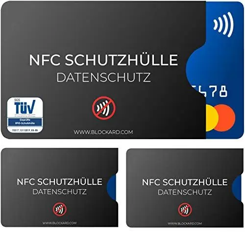 Produktbild: BLOCKARD TÜV geprüfte NFC Schutzhülle (3 Stück) aus Kunststoff für Kreditkarte Personalausweis EC-Karte Bankkarte 100% NFC-Schutz Kreditkarten Schutz-Hülle RFID-Blocker abgeschirmt