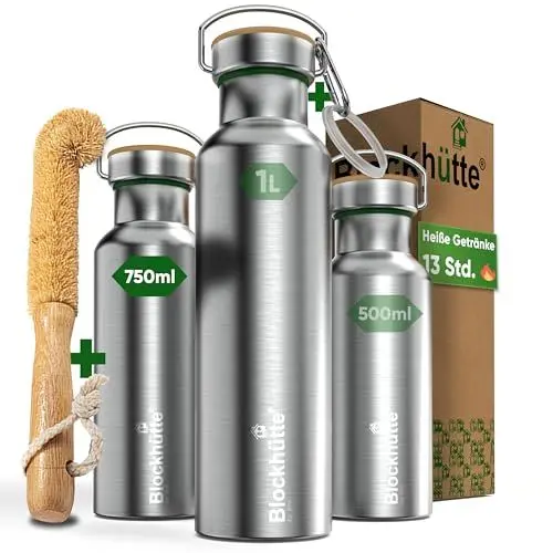 Produktbild: Blockhütte Premium Edelstahl Trinkflasche isoliert I 750ml I mit Naturborsten Bürste I Isolierflasche auslaufsicher I Wasserflasche spülmaschinenfest für Sport & Freizeit I BPA Frei