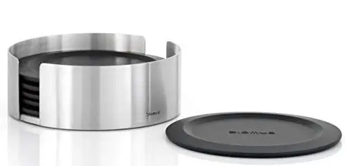 Produktbild: blomus -LARETO- Set 6 Untersetzer aus Silikon, Behälter aus Edelstahl, extrem rutschfest, verhindert Kratzer, , (HBT: 4 x 11,2 x 11,2 cm, schwarz, 63476)