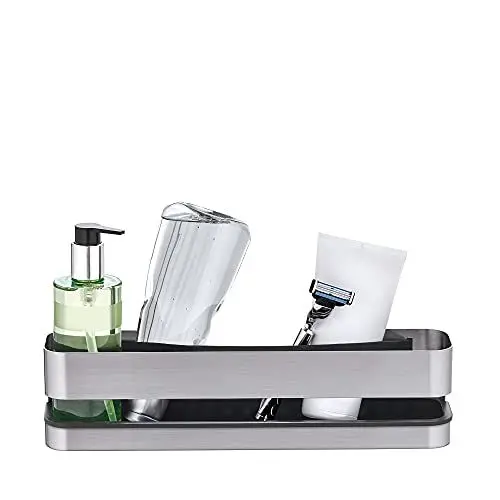 Produktbild: blomus -NEXIO- Duschkorb aus mattiertem Edelstahl, praktischer Kunststoffeinsatz für vereinfachte Reinigung, inkl Halterung, exklusives Badaccessoire (H / B / T: 8,5 x 34 x 8 cm, Edelstahl, 68942)