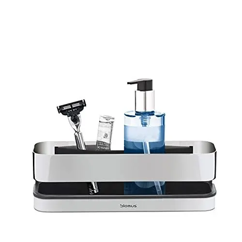 Produktbild: blomus -NEXIO- Duschkorb aus poliertem Edelstahl, praktischer Kunststoffeinsatz für vereinfachte Reinigung, inkl Halterung, exklusives Badaccessoire (H / B / T: 8,6 x 12 x 25 cm, Edelstahl, 68955)