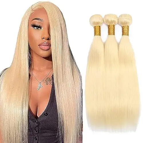 Produktbild: Blonde Bundles 613 Straight Human Hair Bundles 3 Bundles No Tangle Hair Bundle Bundles Tressen Echthaar Blonde Grade 8 A 100% Brazilian Remy Human Hair Extensions for Women 16 18 20 Zoll