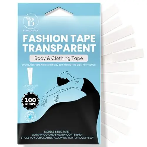 Produktbild: BLOOMORA Fashion Tape doppelseitig transparent – 100 Streifen (7,6 x 1,3 cm) – Body Tape für Kleidung & Haut – wasserfestes Klebeband Kleidung – Fashion Tape für Damen & Herren