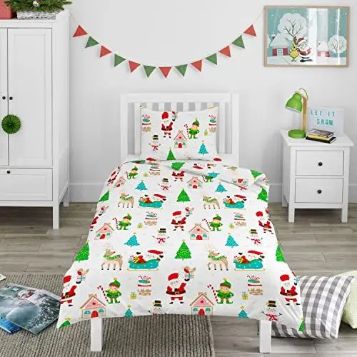 Produktbild: Bloomsbury Mill - Weihnachts Bettwäsche - Weihnachten Bettbezug für Kinder - Bettwäscheset Winter - Festlicher Weihnachtsspaß - Bettbezug 135cm x 200cm und Kissenbezug für Einzelbett
