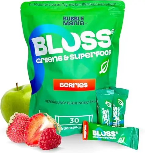 Produktbild: BLOSS Super Greens Pulver – Grüne Helfer für Darmgesundheit, Detox & Energie, Beerengeschmack, Vegan, Glutenfrei, Superfood mit Probiotika & Enzymen, Ideal für Blähungen & Stoffwechsel (30 Pack)