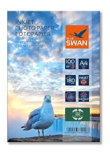 Produktbild: BLUE SWAN 100 Blatt A4 Fotopapier, 180g/m², Hochglänzend Weiß, schnell trocknend, wasserfest und kratzfest für Tintenstrahldrucker.